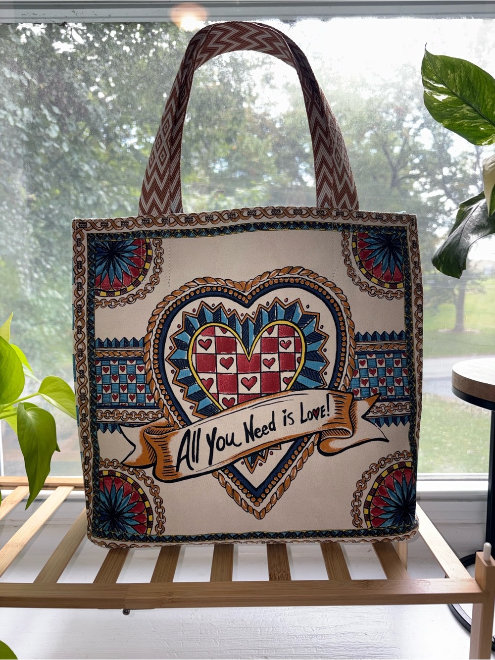 Brighton All You Need Is Love Heart Print Canvas Tote Bag - Cream & Multicolor